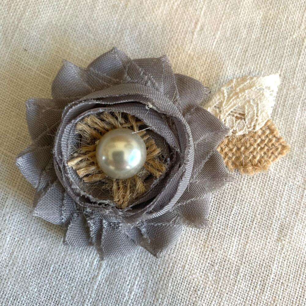 Handmade Hair Clip Accessory Gray Chiffon Burlap Lace Flower Special Occasion